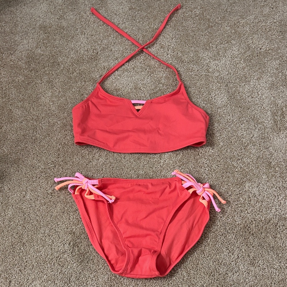 Girls' Coral Ribbed Two-Piece Swim Set with Pink Tie Accents - Picture 1 of 3